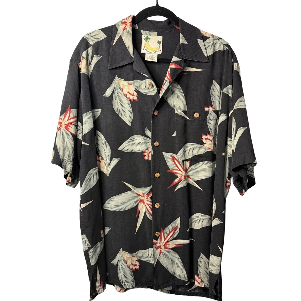 VTG Banana Cabana Silk Shirt‎ Mens Large Black Tropical Floral Bird Of Paradise
